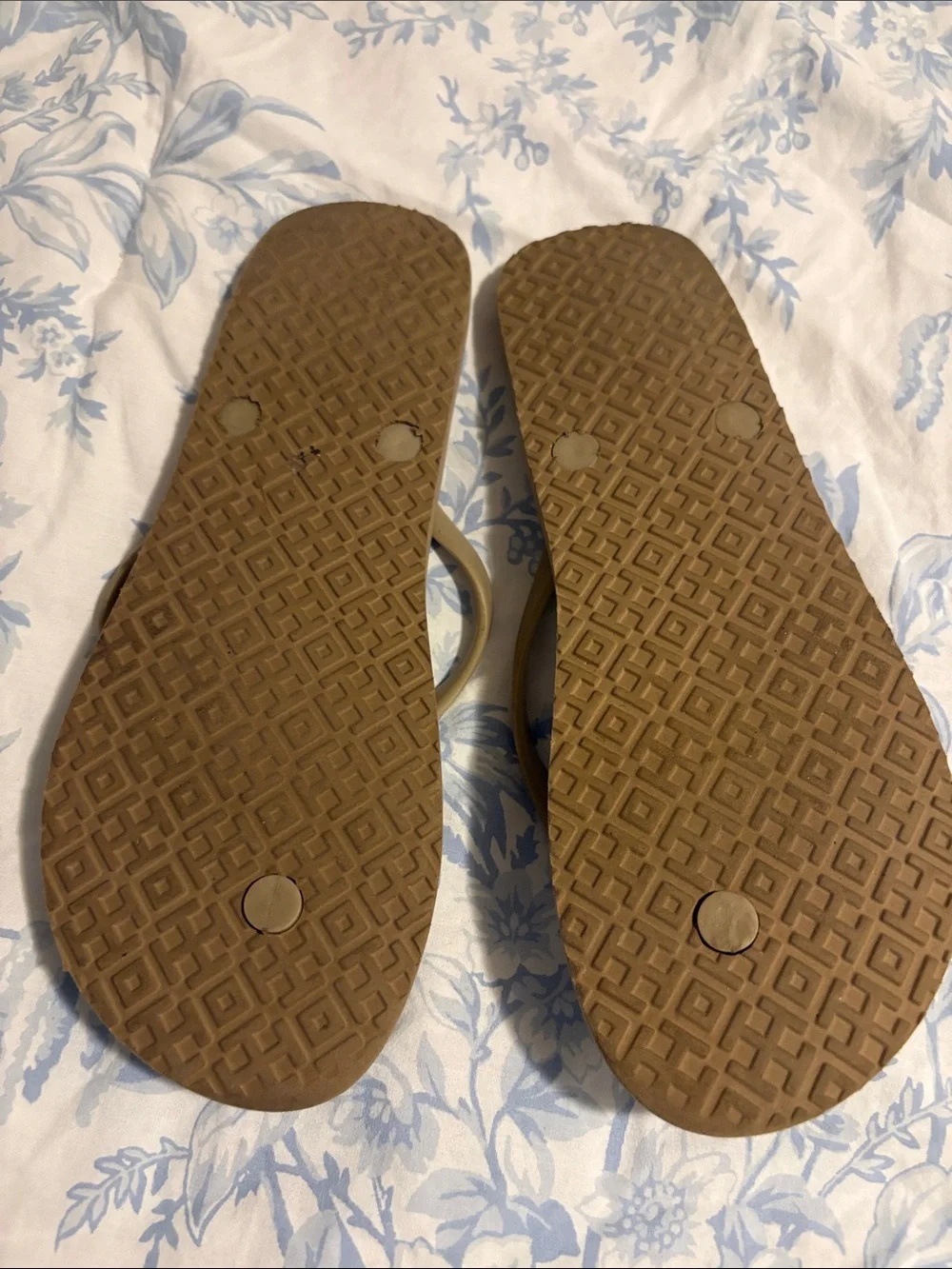 Tory Burch Tan and Blue Printed Logo Flip Flop Sandals
